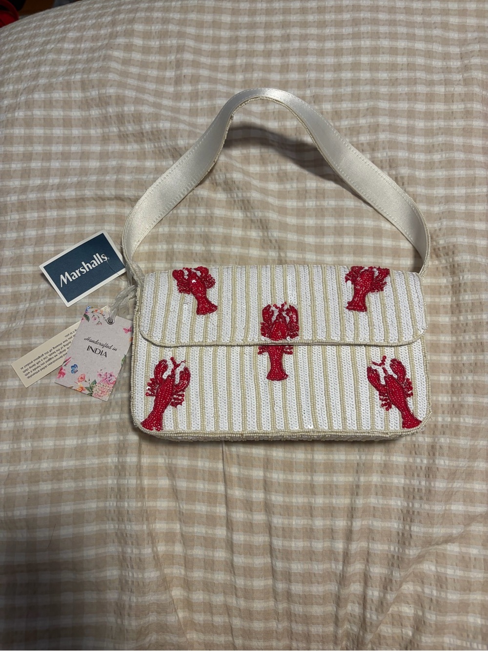 Marshalls White Shoulder Bag with Red Beaded Lobster Motifs